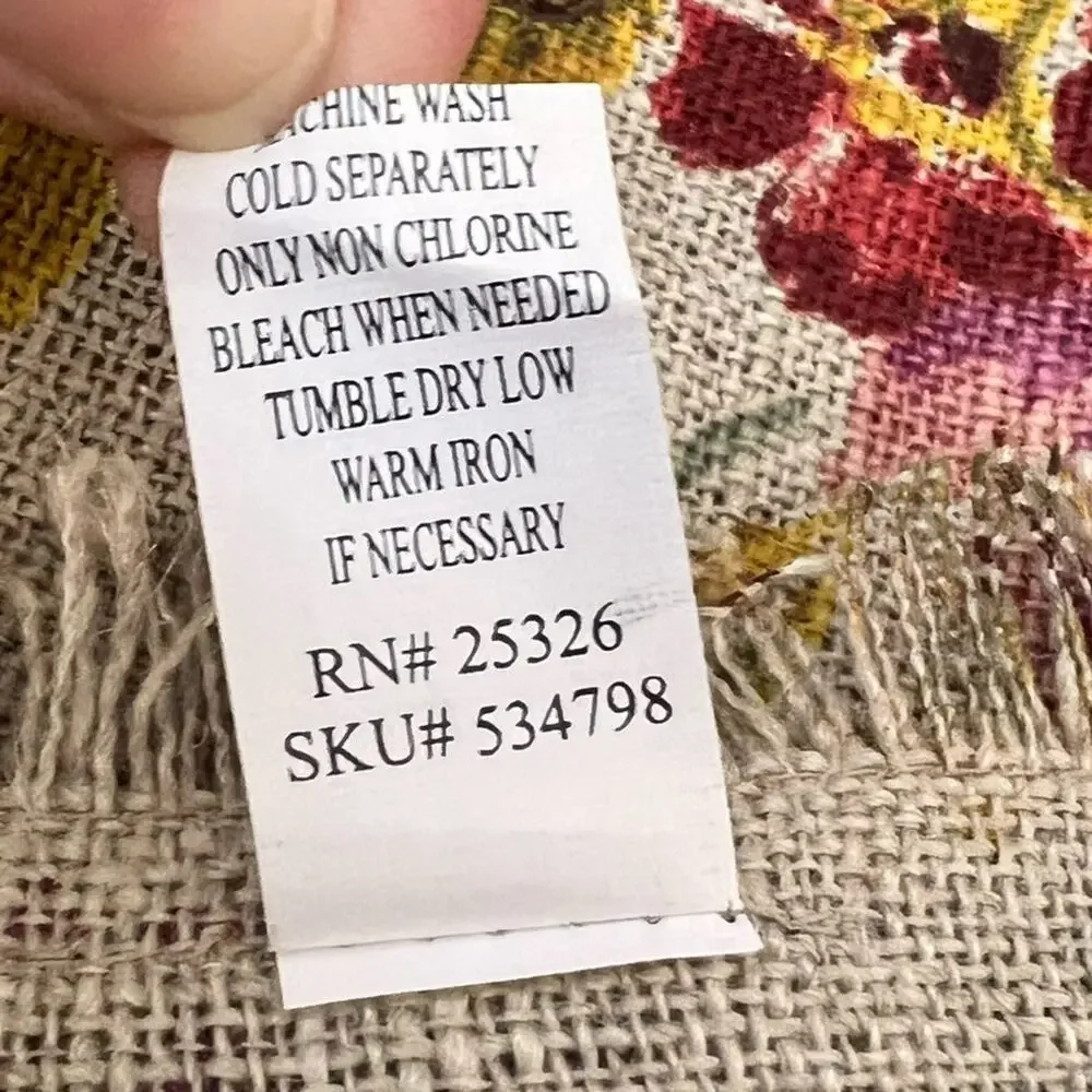 World Market Floral 100% Linen Table Runner with Fringe 17 x 90